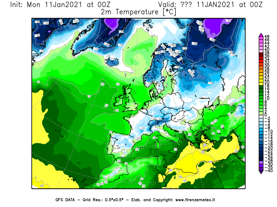 Mappa di analisi GFS - Temperatura a 2 metri dal suolo [°C] in Europa
							del 11/01/2021 00 <!--googleoff: index-->UTC<!--googleon: index-->