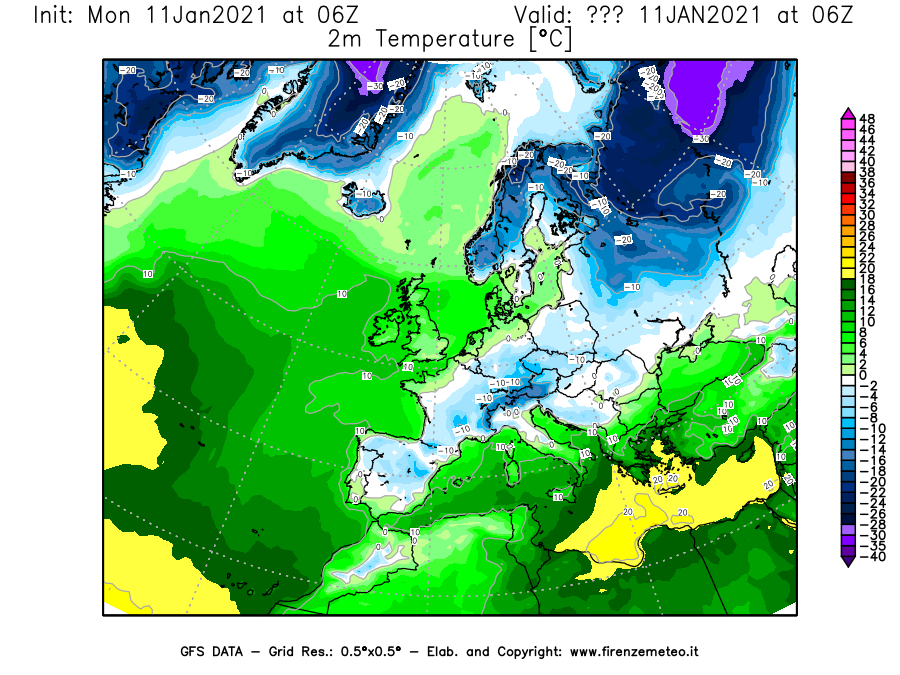 Mappa di analisi GFS - Temperatura a 2 metri dal suolo [°C] in Europa
							del 11/01/2021 06 <!--googleoff: index-->UTC<!--googleon: index-->