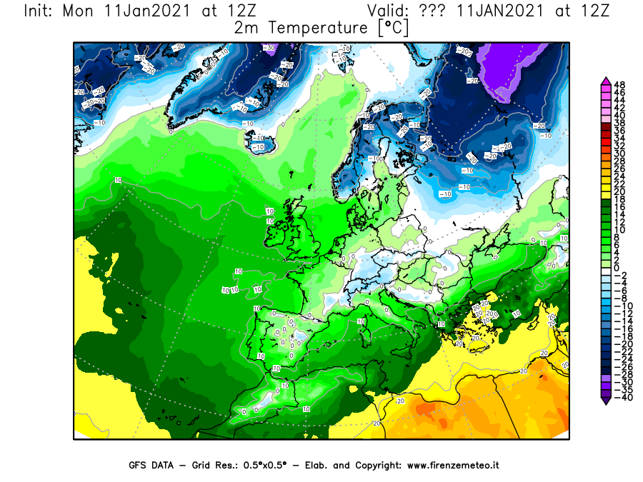 Mappa di analisi GFS - Temperatura a 2 metri dal suolo [°C] in Europa
							del 11/01/2021 12 <!--googleoff: index-->UTC<!--googleon: index-->
