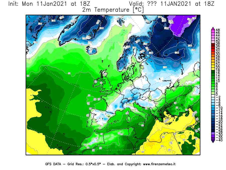 Mappa di analisi GFS - Temperatura a 2 metri dal suolo [°C] in Europa
							del 11/01/2021 18 <!--googleoff: index-->UTC<!--googleon: index-->
