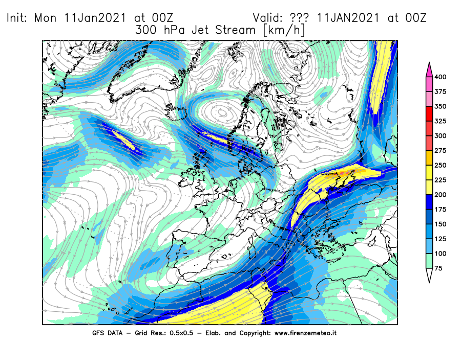 Mappa di analisi GFS - Jet Stream a 300 hPa in Europa
							del 11/01/2021 00 <!--googleoff: index-->UTC<!--googleon: index-->