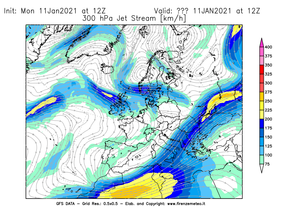 Mappa di analisi GFS - Jet Stream a 300 hPa in Europa
							del 11/01/2021 12 <!--googleoff: index-->UTC<!--googleon: index-->