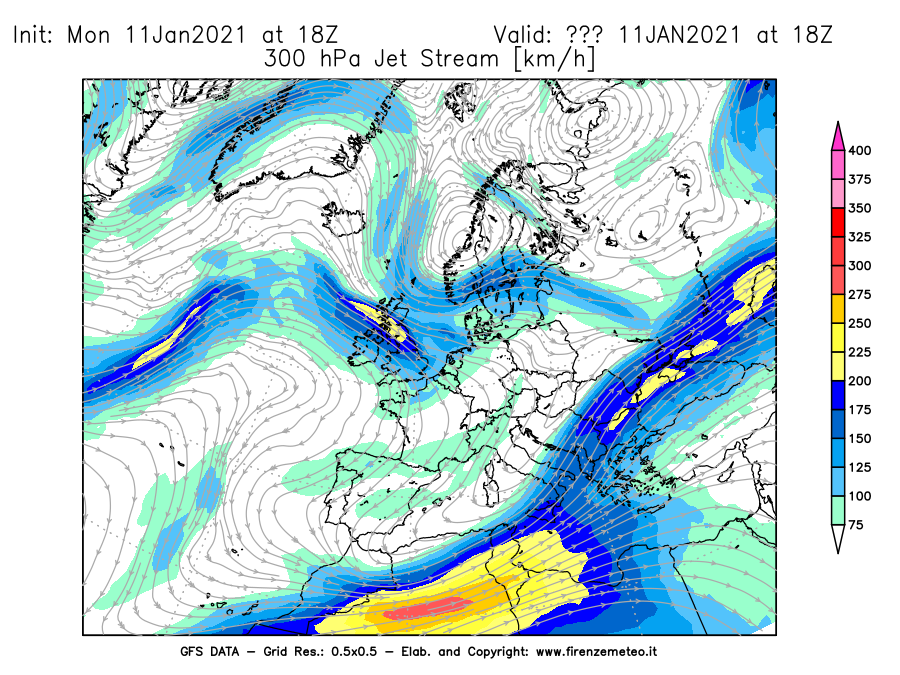 Mappa di analisi GFS - Jet Stream a 300 hPa in Europa
							del 11/01/2021 18 <!--googleoff: index-->UTC<!--googleon: index-->