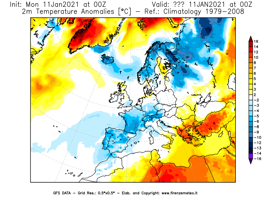 Mappa di analisi GFS - Anomalia Temperatura [°C] a 2 m in Europa
							del 11/01/2021 00 <!--googleoff: index-->UTC<!--googleon: index-->