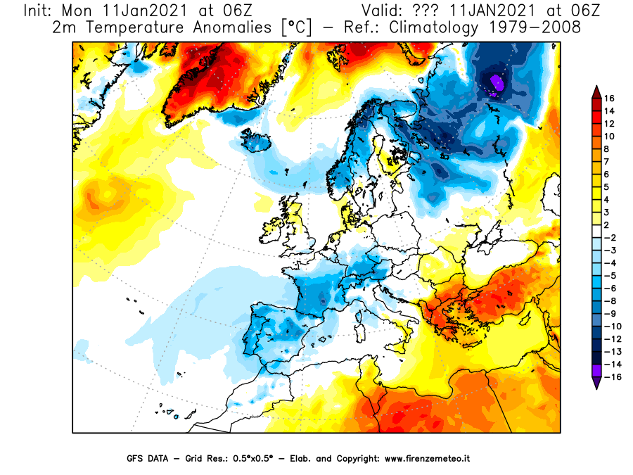 Mappa di analisi GFS - Anomalia Temperatura [°C] a 2 m in Europa
							del 11/01/2021 06 <!--googleoff: index-->UTC<!--googleon: index-->
