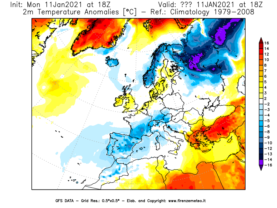 Mappa di analisi GFS - Anomalia Temperatura [°C] a 2 m in Europa
							del 11/01/2021 18 <!--googleoff: index-->UTC<!--googleon: index-->