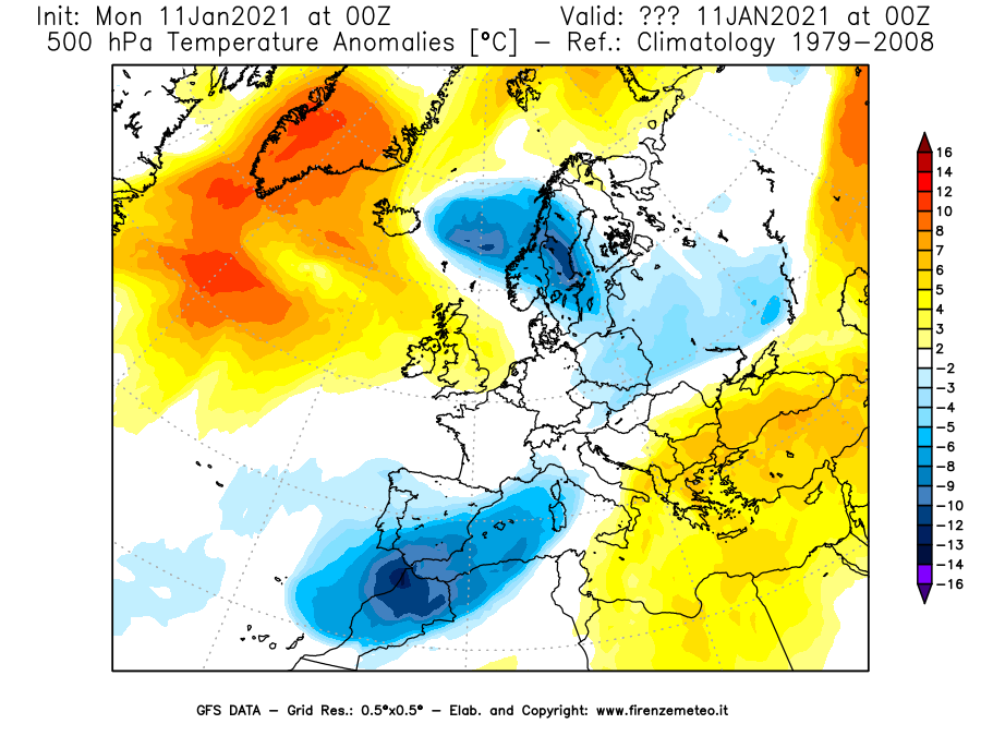 Mappa di analisi GFS - Anomalia Temperatura [°C] a 500 hPa in Europa
							del 11/01/2021 00 <!--googleoff: index-->UTC<!--googleon: index-->