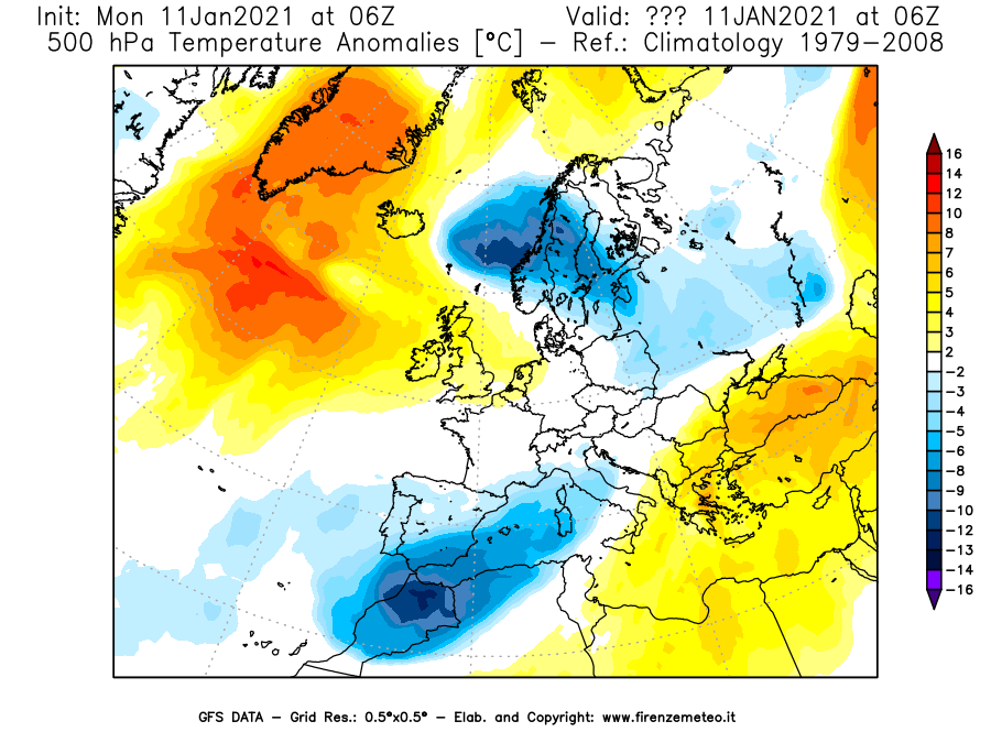 Mappa di analisi GFS - Anomalia Temperatura [°C] a 500 hPa in Europa
							del 11/01/2021 06 <!--googleoff: index-->UTC<!--googleon: index-->