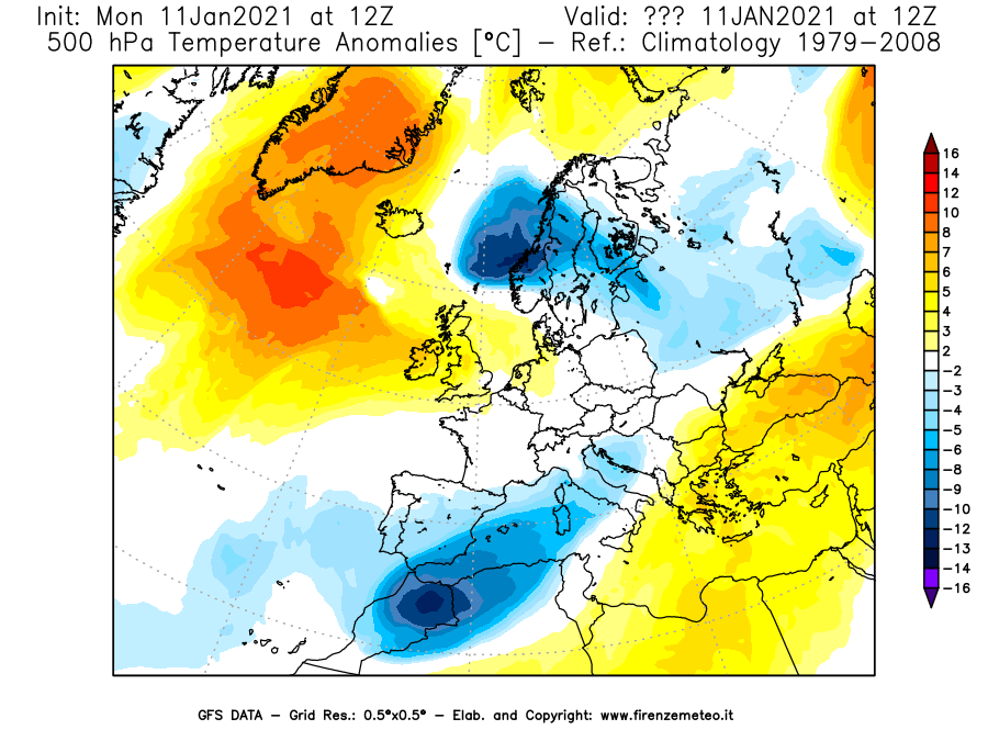 Mappa di analisi GFS - Anomalia Temperatura [°C] a 500 hPa in Europa
							del 11/01/2021 12 <!--googleoff: index-->UTC<!--googleon: index-->