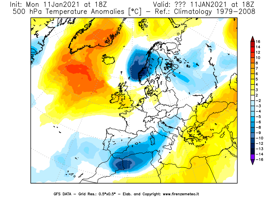 Mappa di analisi GFS - Anomalia Temperatura [°C] a 500 hPa in Europa
							del 11/01/2021 18 <!--googleoff: index-->UTC<!--googleon: index-->