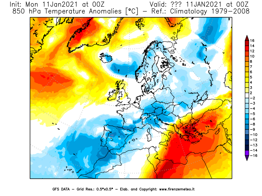 Mappa di analisi GFS - Anomalia Temperatura [°C] a 850 hPa in Europa
							del 11/01/2021 00 <!--googleoff: index-->UTC<!--googleon: index-->
