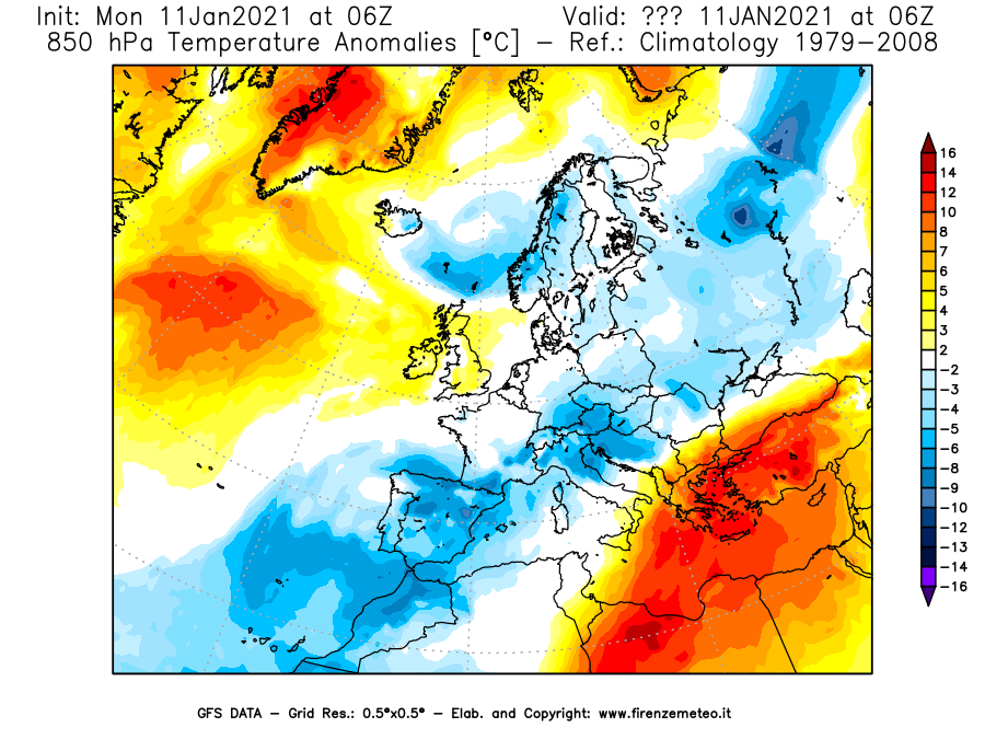 Mappa di analisi GFS - Anomalia Temperatura [°C] a 850 hPa in Europa
							del 11/01/2021 06 <!--googleoff: index-->UTC<!--googleon: index-->