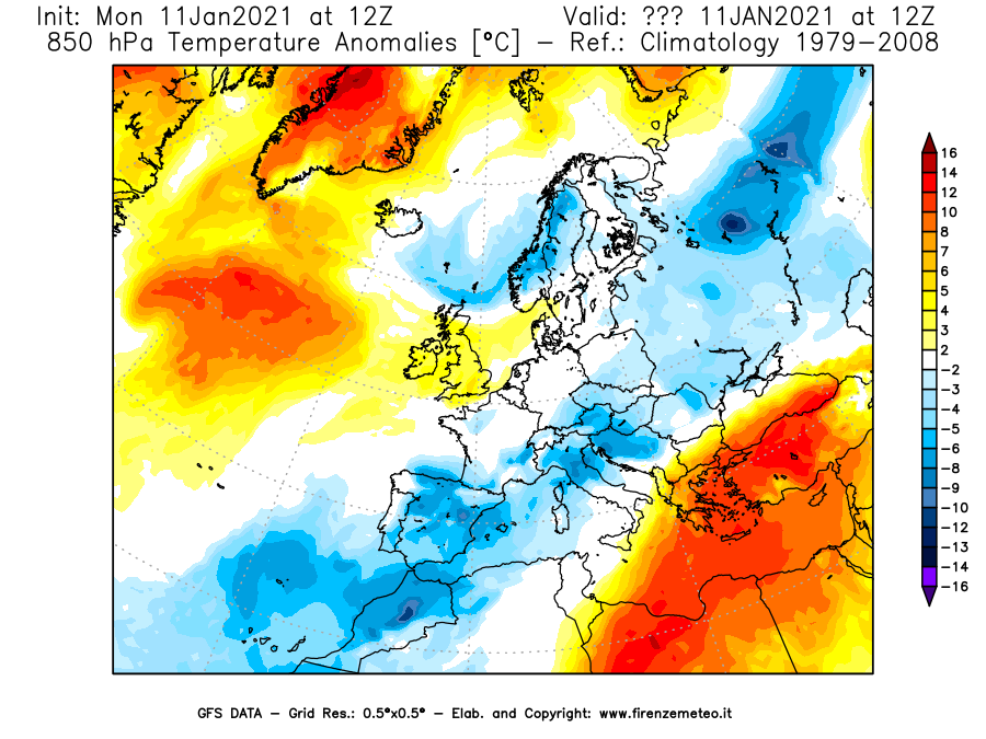 Mappa di analisi GFS - Anomalia Temperatura [°C] a 850 hPa in Europa
							del 11/01/2021 12 <!--googleoff: index-->UTC<!--googleon: index-->