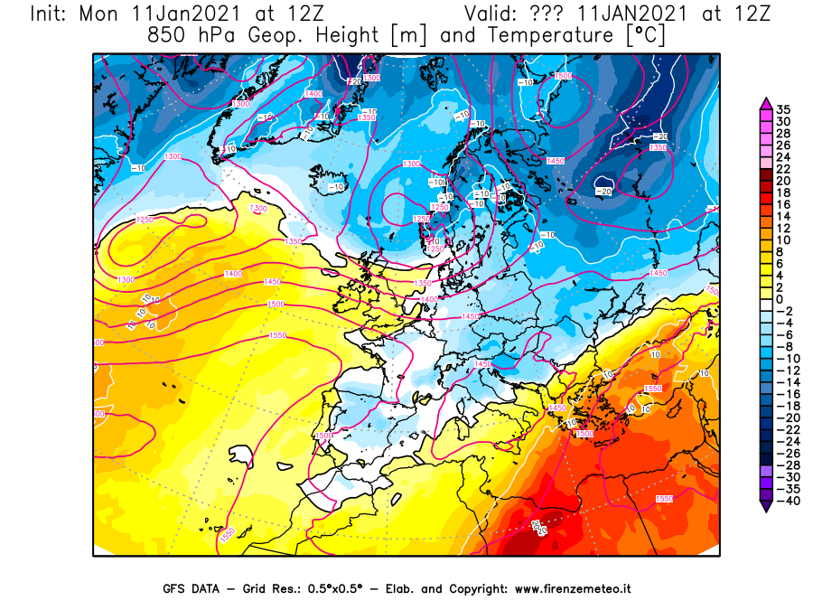 Mappa di analisi GFS - Geopotenziale [m] e Temperatura [°C] a 850 hPa in Europa
							del 11/01/2021 12 <!--googleoff: index-->UTC<!--googleon: index-->