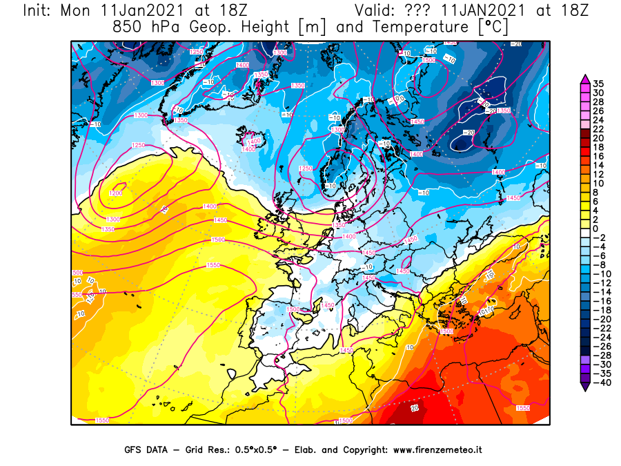 Mappa di analisi GFS - Geopotenziale [m] e Temperatura [°C] a 850 hPa in Europa
							del 11/01/2021 18 <!--googleoff: index-->UTC<!--googleon: index-->
