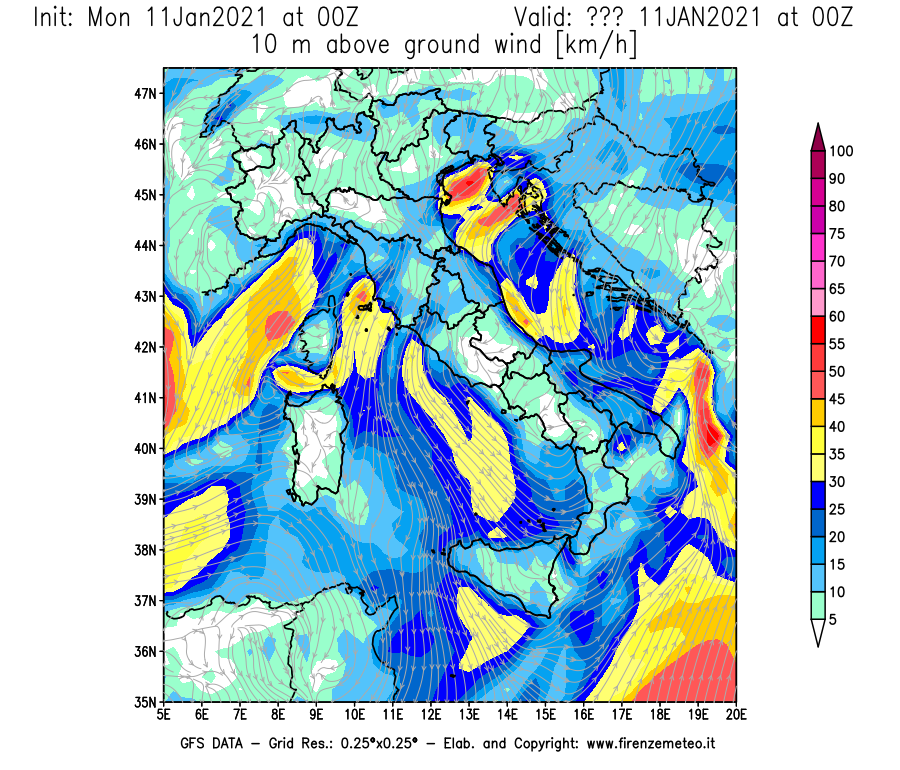 Mappa di analisi GFS - Velocità del vento a 10 metri dal suolo [km/h] in Italia
							del 11/01/2021 00 <!--googleoff: index-->UTC<!--googleon: index-->