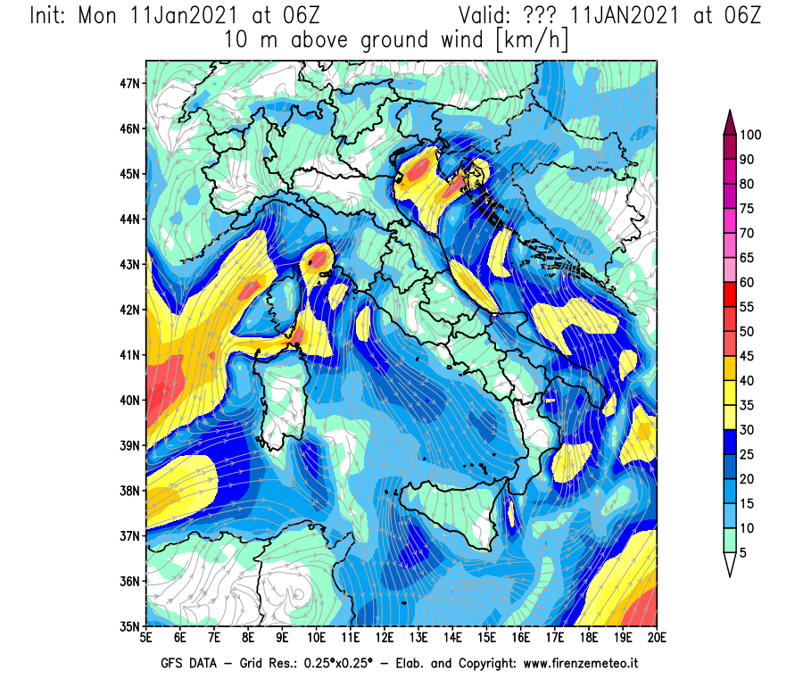 Mappa di analisi GFS - Velocità del vento a 10 metri dal suolo [km/h] in Italia
							del 11/01/2021 06 <!--googleoff: index-->UTC<!--googleon: index-->