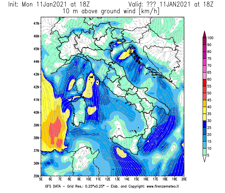 Mappa di analisi GFS - Velocità del vento a 10 metri dal suolo [km/h] in Italia
							del 11/01/2021 18 <!--googleoff: index-->UTC<!--googleon: index-->