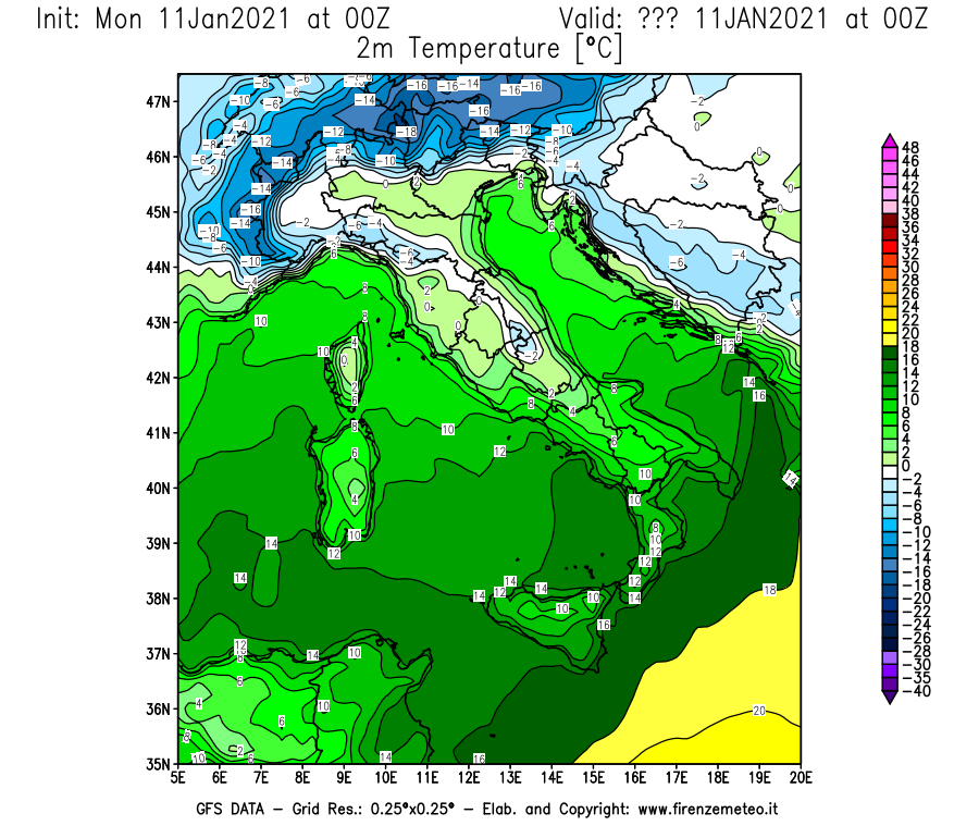 Mappa di analisi GFS - Temperatura a 2 metri dal suolo [°C] in Italia
							del 11/01/2021 00 <!--googleoff: index-->UTC<!--googleon: index-->