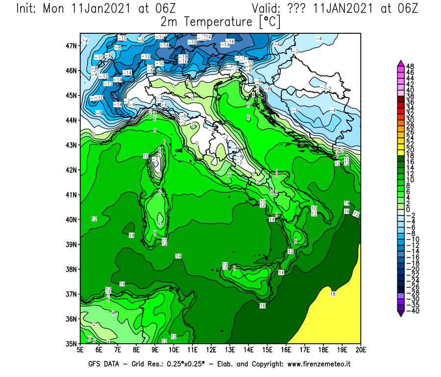 Mappa di analisi GFS - Temperatura a 2 metri dal suolo [°C] in Italia
							del 11/01/2021 06 <!--googleoff: index-->UTC<!--googleon: index-->