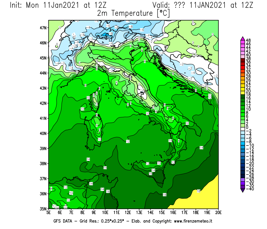 Mappa di analisi GFS - Temperatura a 2 metri dal suolo [°C] in Italia
							del 11/01/2021 12 <!--googleoff: index-->UTC<!--googleon: index-->