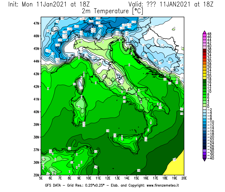 Mappa di analisi GFS - Temperatura a 2 metri dal suolo [°C] in Italia
							del 11/01/2021 18 <!--googleoff: index-->UTC<!--googleon: index-->