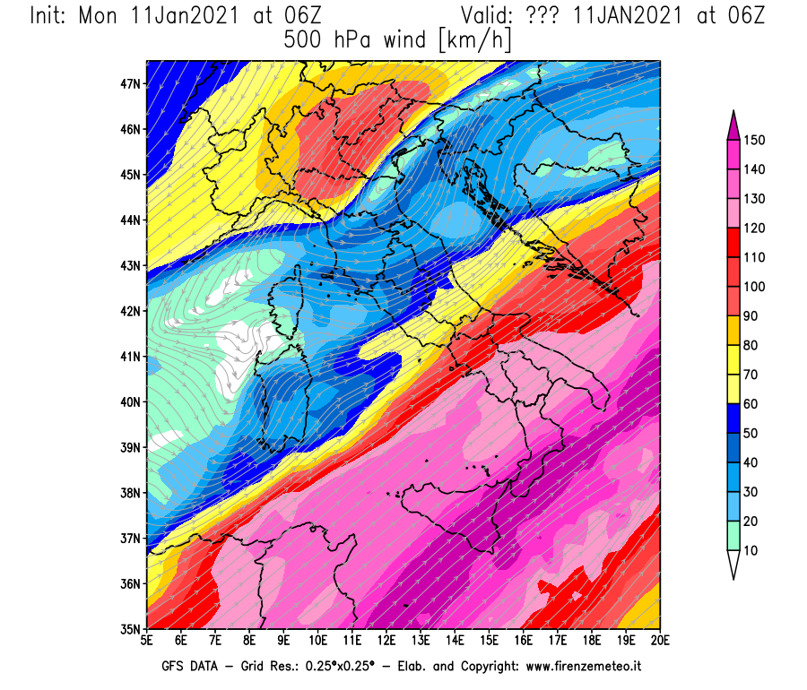 Mappa di analisi GFS - Velocità del vento a 500 hPa [km/h] in Italia
							del 11/01/2021 06 <!--googleoff: index-->UTC<!--googleon: index-->