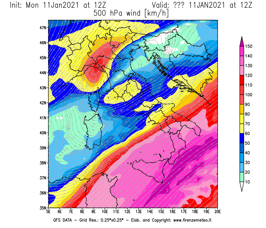 Mappa di analisi GFS - Velocità del vento a 500 hPa [km/h] in Italia
							del 11/01/2021 12 <!--googleoff: index-->UTC<!--googleon: index-->