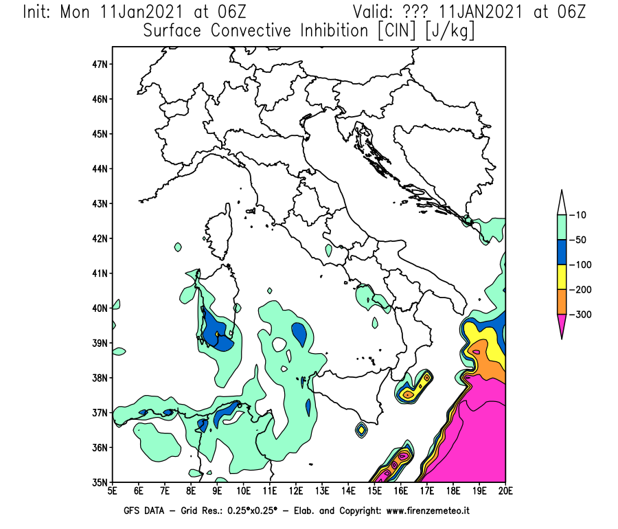Mappa di analisi GFS - CIN [J/kg] in Italia
							del 11/01/2021 06 <!--googleoff: index-->UTC<!--googleon: index-->