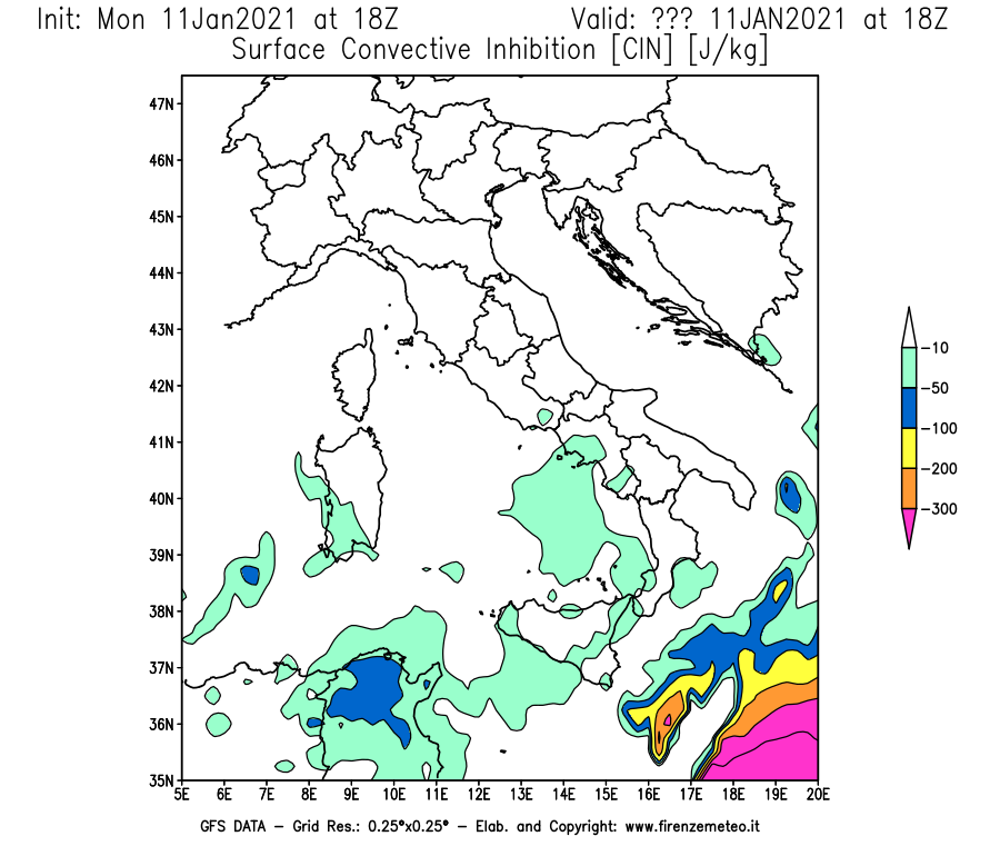 Mappa di analisi GFS - CIN [J/kg] in Italia
							del 11/01/2021 18 <!--googleoff: index-->UTC<!--googleon: index-->