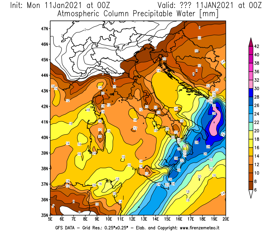 Mappa di analisi GFS - Precipitable Water [mm] in Italia
							del 11/01/2021 00 <!--googleoff: index-->UTC<!--googleon: index-->