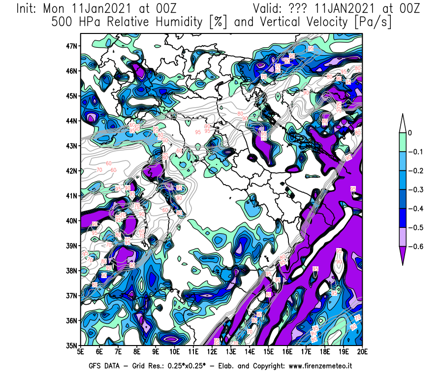 Mappa di analisi GFS - Umidità relativa [%] e Omega [Pa/s] a 500 hPa in Italia
							del 11/01/2021 00 <!--googleoff: index-->UTC<!--googleon: index-->