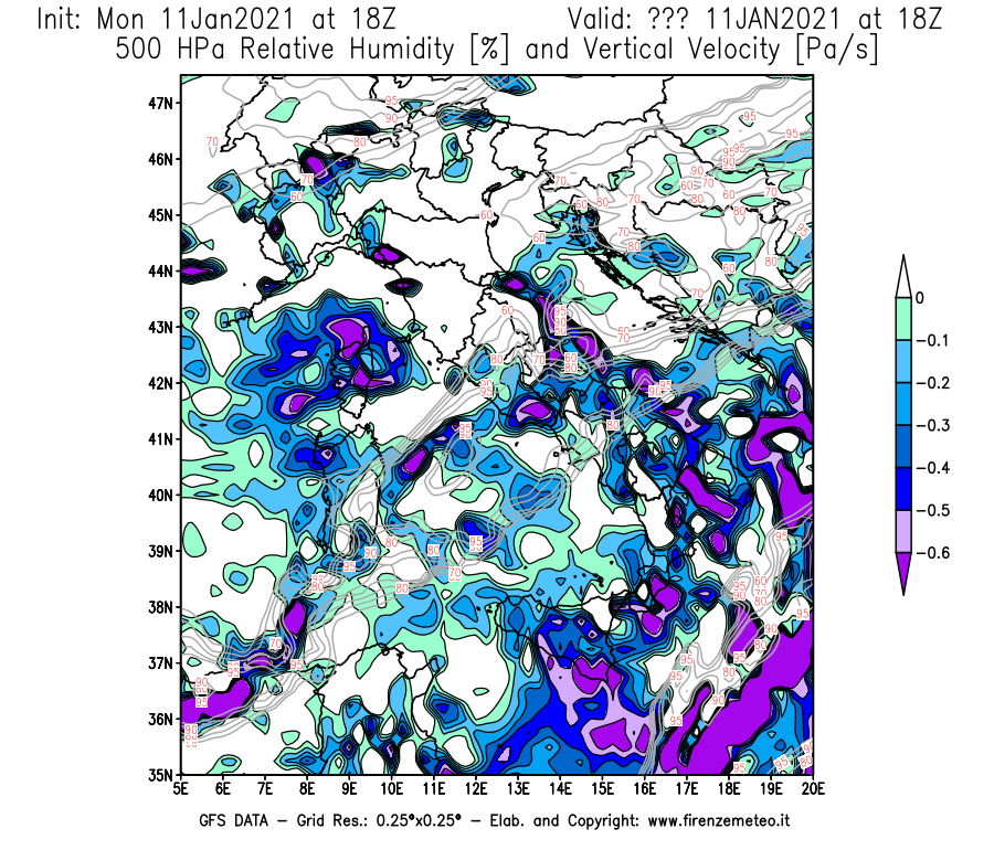 Mappa di analisi GFS - Umidità relativa [%] e Omega [Pa/s] a 500 hPa in Italia
							del 11/01/2021 18 <!--googleoff: index-->UTC<!--googleon: index-->