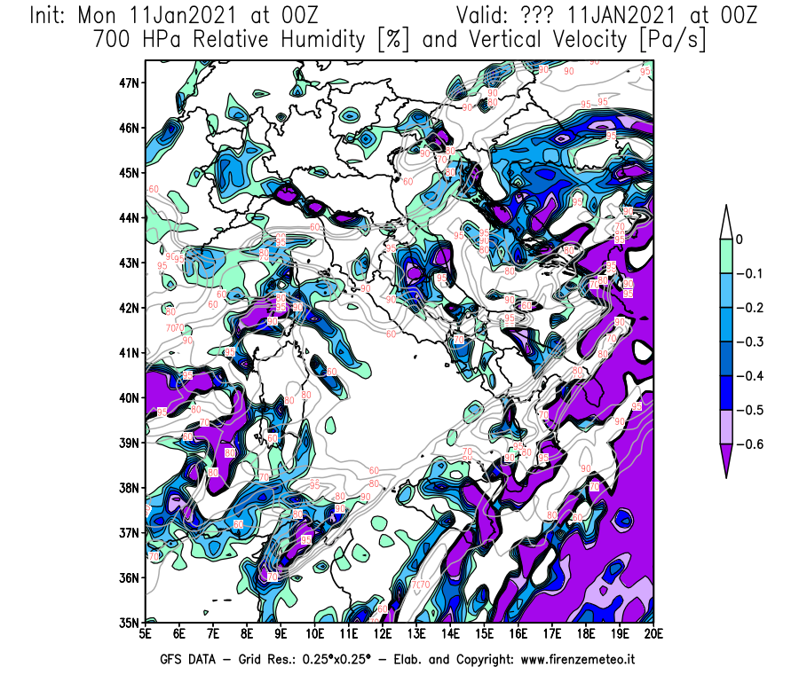 Mappa di analisi GFS - Umidità relativa [%] e Omega [Pa/s] a 700 hPa in Italia
							del 11/01/2021 00 <!--googleoff: index-->UTC<!--googleon: index-->