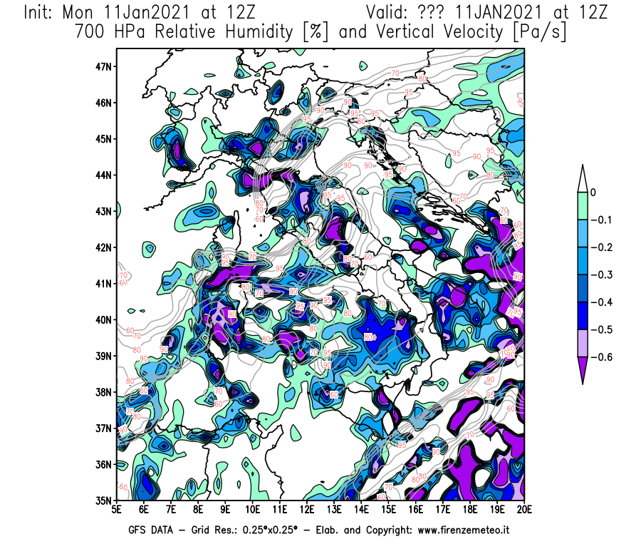 Mappa di analisi GFS - Umidità relativa [%] e Omega [Pa/s] a 700 hPa in Italia
							del 11/01/2021 12 <!--googleoff: index-->UTC<!--googleon: index-->