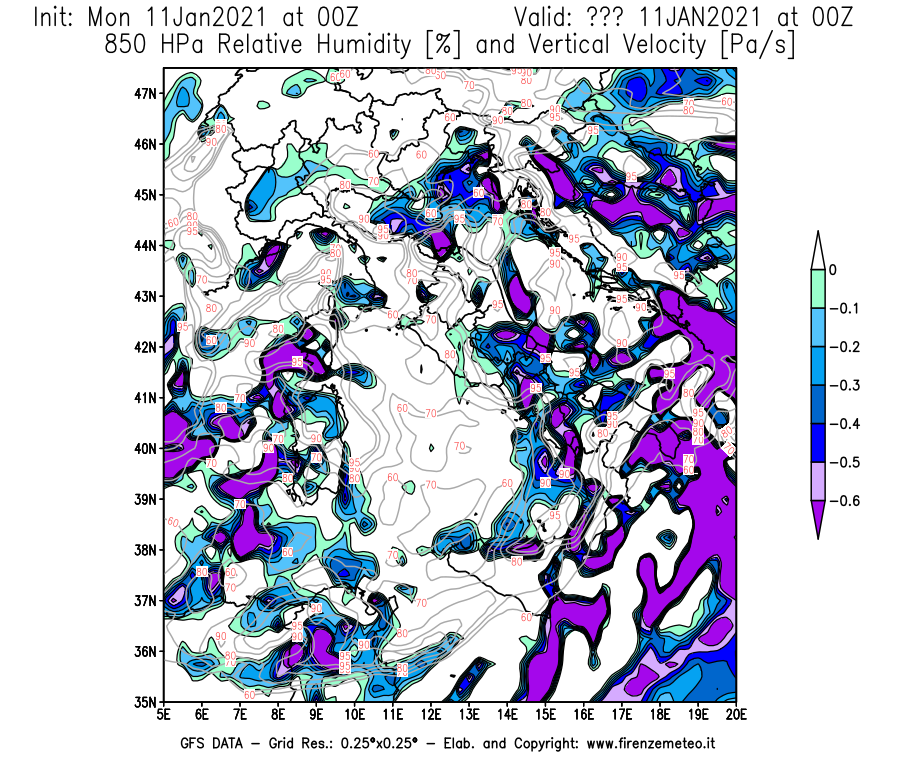 Mappa di analisi GFS - Umidità relativa [%] e Omega [Pa/s] a 850 hPa in Italia
							del 11/01/2021 00 <!--googleoff: index-->UTC<!--googleon: index-->