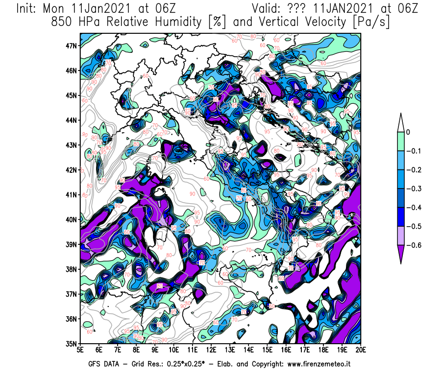 Mappa di analisi GFS - Umidità relativa [%] e Omega [Pa/s] a 850 hPa in Italia
							del 11/01/2021 06 <!--googleoff: index-->UTC<!--googleon: index-->