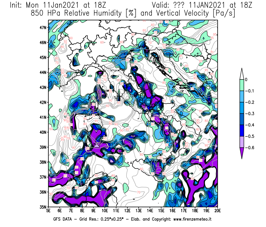 Mappa di analisi GFS - Umidità relativa [%] e Omega [Pa/s] a 850 hPa in Italia
							del 11/01/2021 18 <!--googleoff: index-->UTC<!--googleon: index-->