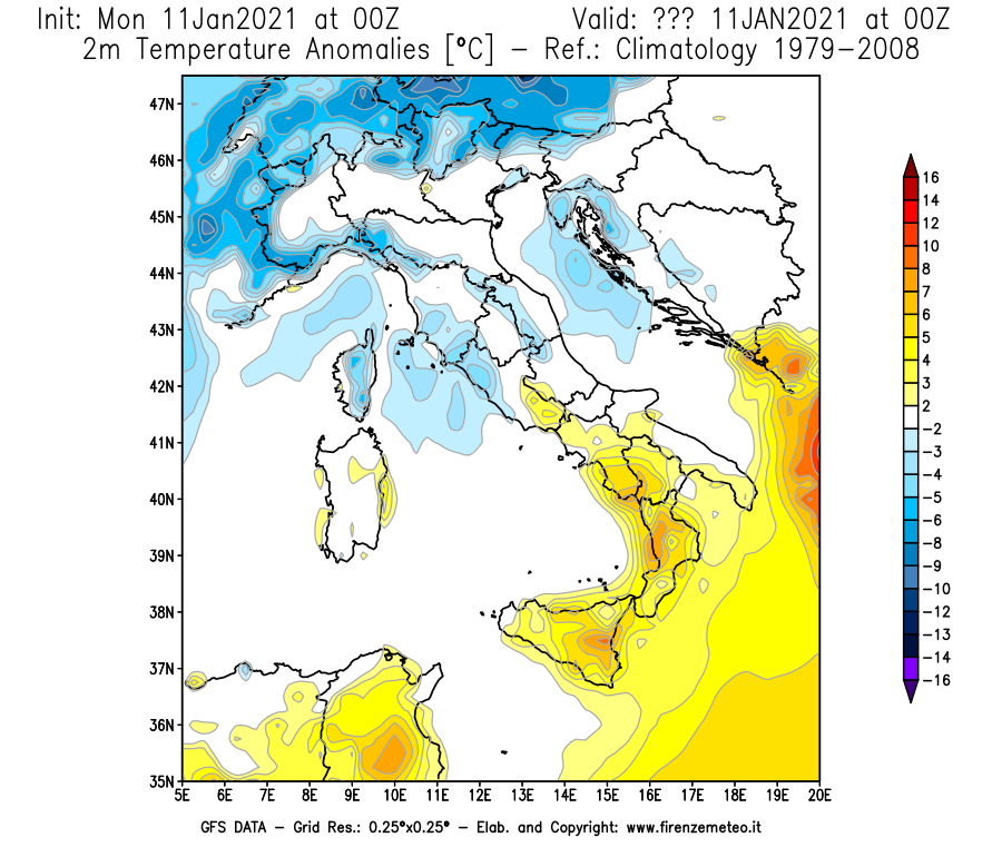Mappa di analisi GFS - Anomalia Temperatura [°C] a 2 m in Italia
							del 11/01/2021 00 <!--googleoff: index-->UTC<!--googleon: index-->