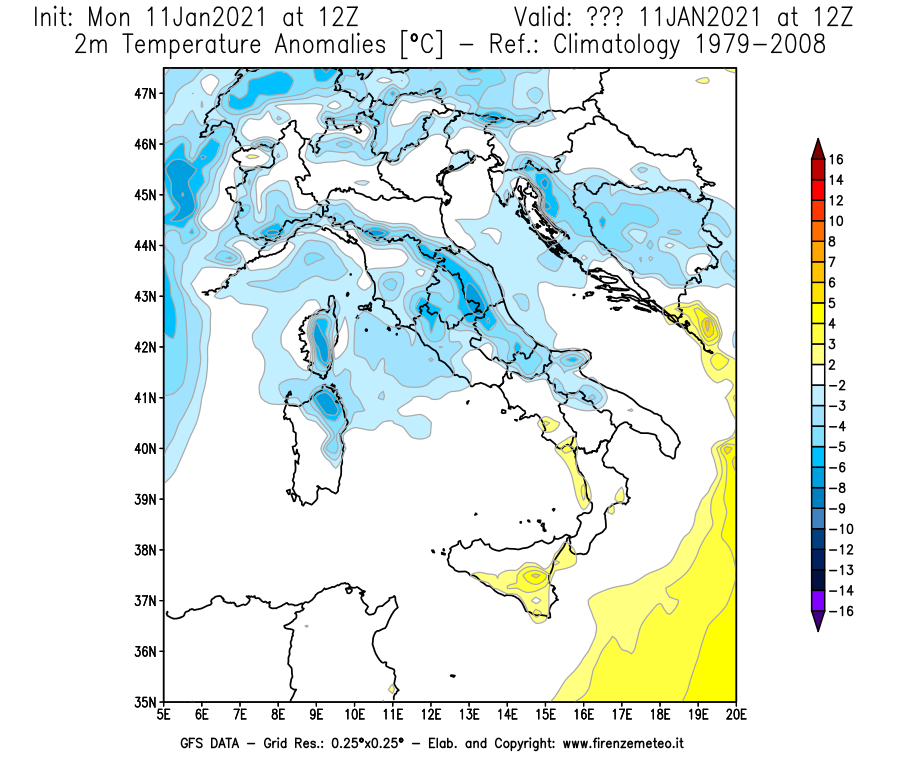 Mappa di analisi GFS - Anomalia Temperatura [°C] a 2 m in Italia
							del 11/01/2021 12 <!--googleoff: index-->UTC<!--googleon: index-->