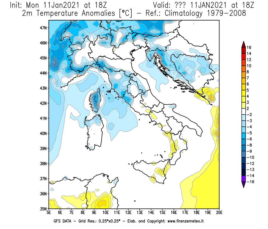 Mappa di analisi GFS - Anomalia Temperatura [°C] a 2 m in Italia
							del 11/01/2021 18 <!--googleoff: index-->UTC<!--googleon: index-->