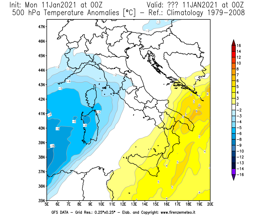 Mappa di analisi GFS - Anomalia Temperatura [°C] a 500 hPa in Italia
							del 11/01/2021 00 <!--googleoff: index-->UTC<!--googleon: index-->
