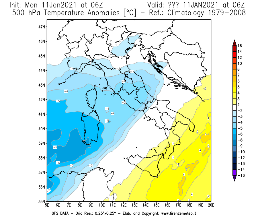 Mappa di analisi GFS - Anomalia Temperatura [°C] a 500 hPa in Italia
							del 11/01/2021 06 <!--googleoff: index-->UTC<!--googleon: index-->