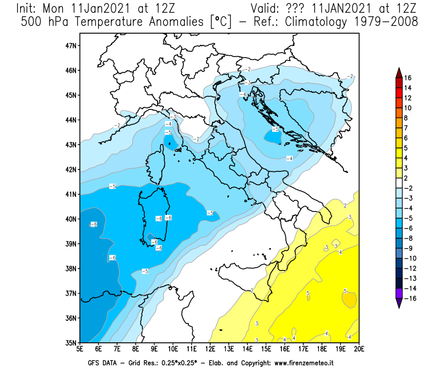 Mappa di analisi GFS - Anomalia Temperatura [°C] a 500 hPa in Italia
							del 11/01/2021 12 <!--googleoff: index-->UTC<!--googleon: index-->