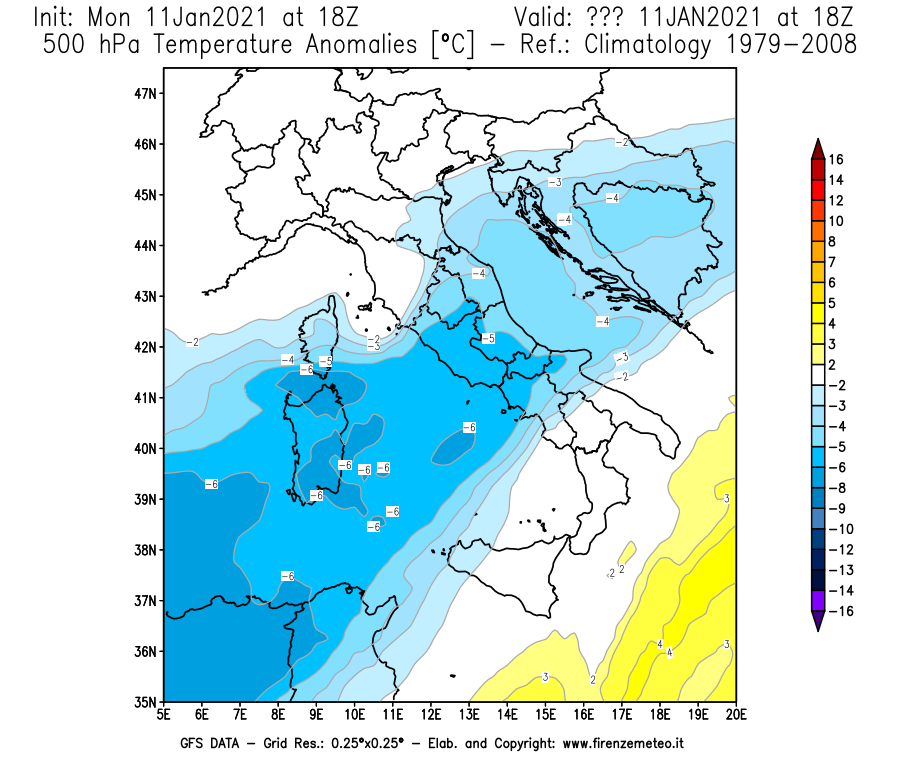 Mappa di analisi GFS - Anomalia Temperatura [°C] a 500 hPa in Italia
							del 11/01/2021 18 <!--googleoff: index-->UTC<!--googleon: index-->