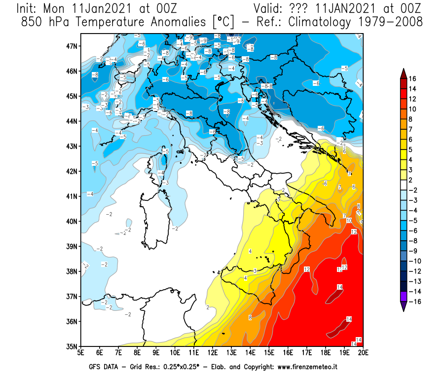 Mappa di analisi GFS - Anomalia Temperatura [°C] a 850 hPa in Italia
							del 11/01/2021 00 <!--googleoff: index-->UTC<!--googleon: index-->
