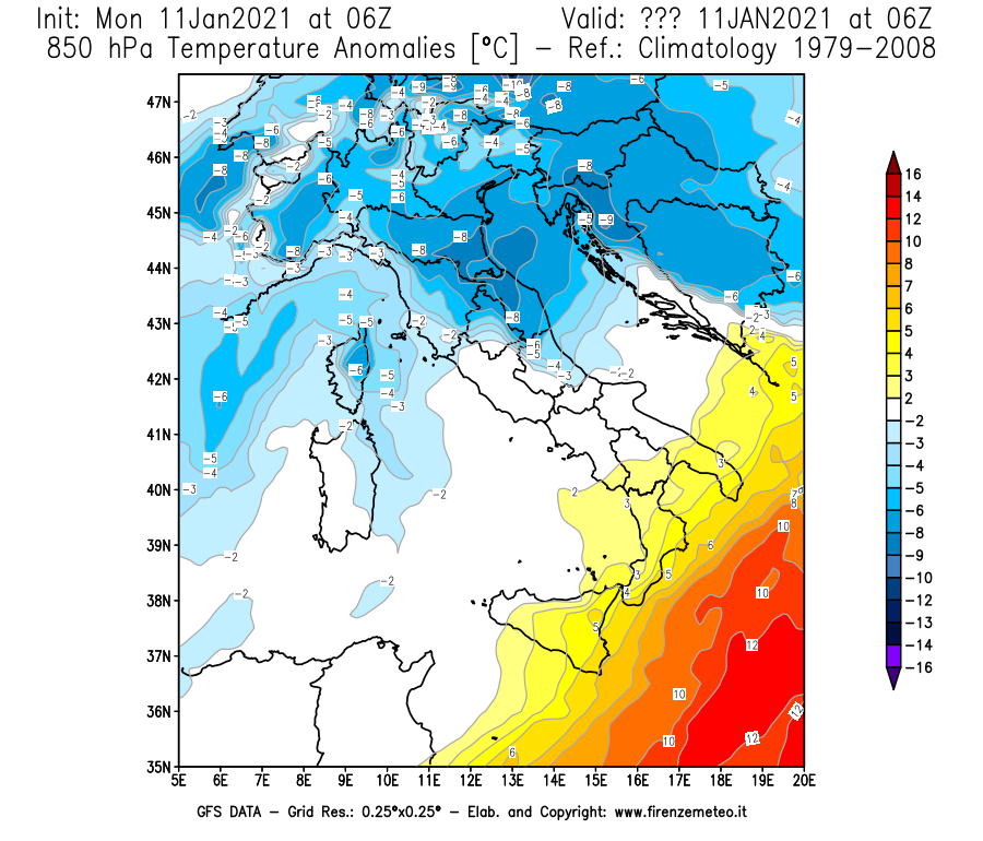 Mappa di analisi GFS - Anomalia Temperatura [°C] a 850 hPa in Italia
							del 11/01/2021 06 <!--googleoff: index-->UTC<!--googleon: index-->