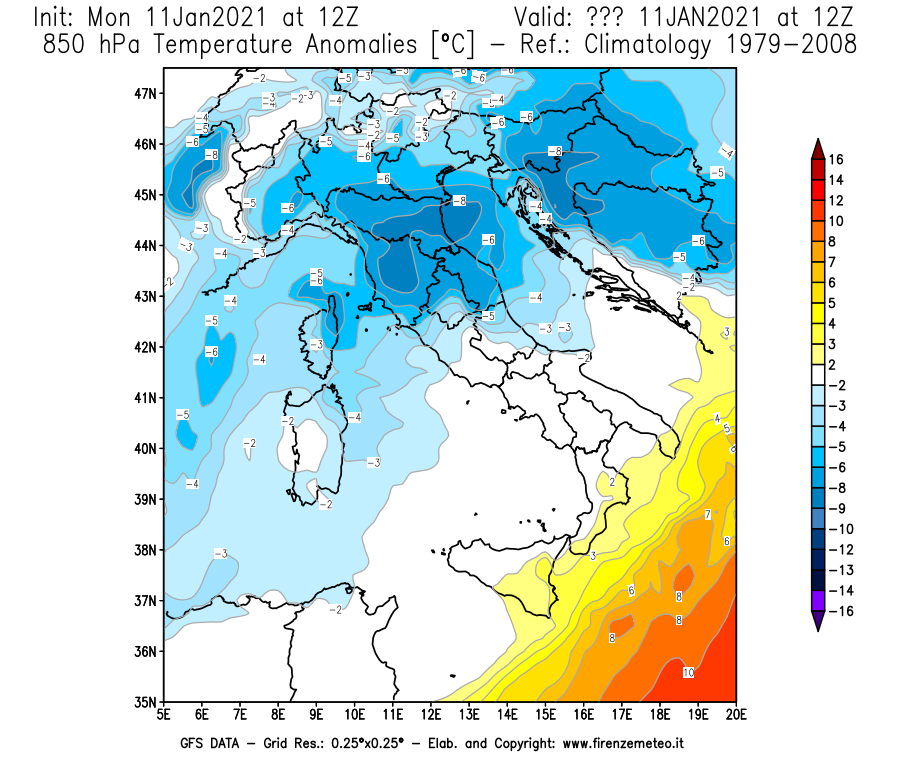 Mappa di analisi GFS - Anomalia Temperatura [°C] a 850 hPa in Italia
							del 11/01/2021 12 <!--googleoff: index-->UTC<!--googleon: index-->