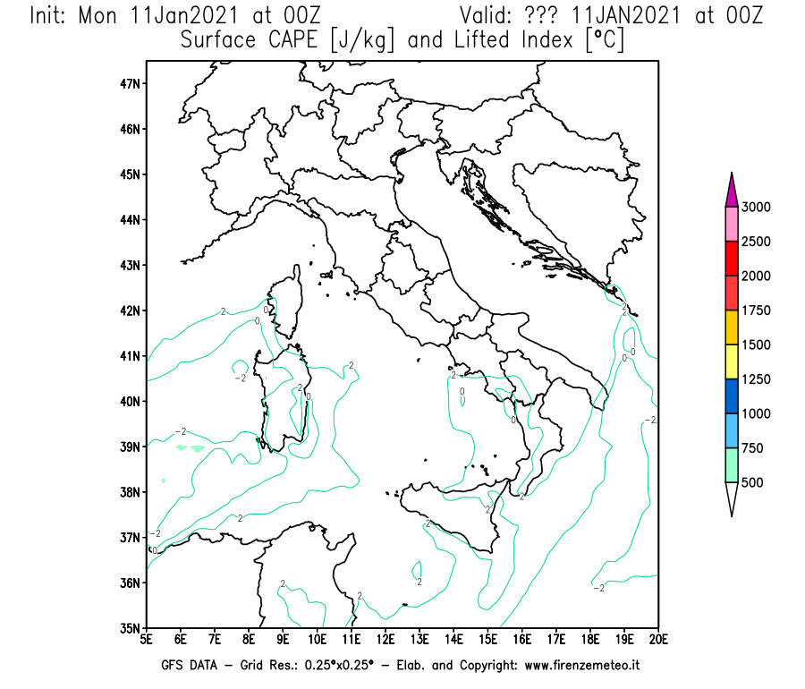Mappa di analisi GFS - CAPE [J/kg] e Lifted Index [°C] in Italia
							del 11/01/2021 00 <!--googleoff: index-->UTC<!--googleon: index-->