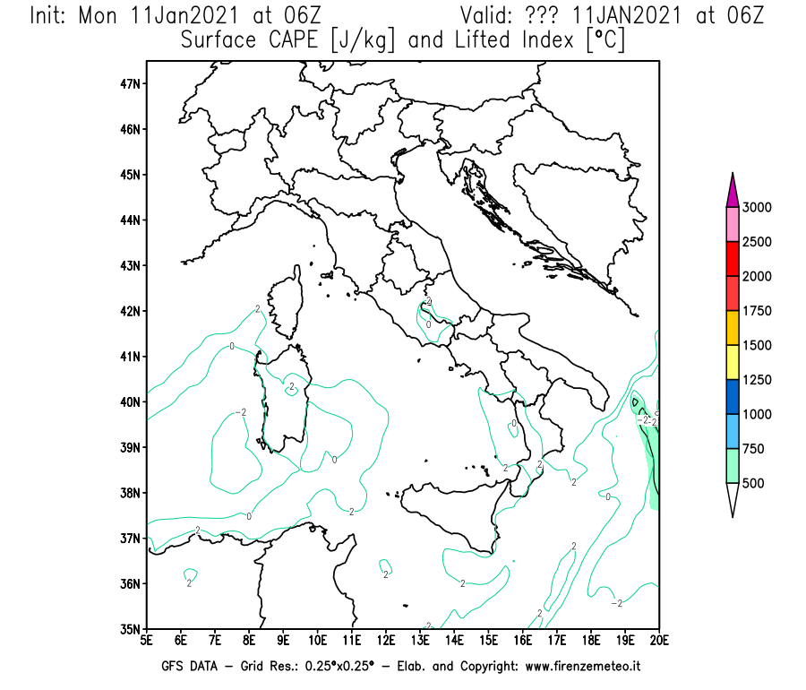 Mappa di analisi GFS - CAPE [J/kg] e Lifted Index [°C] in Italia
							del 11/01/2021 06 <!--googleoff: index-->UTC<!--googleon: index-->